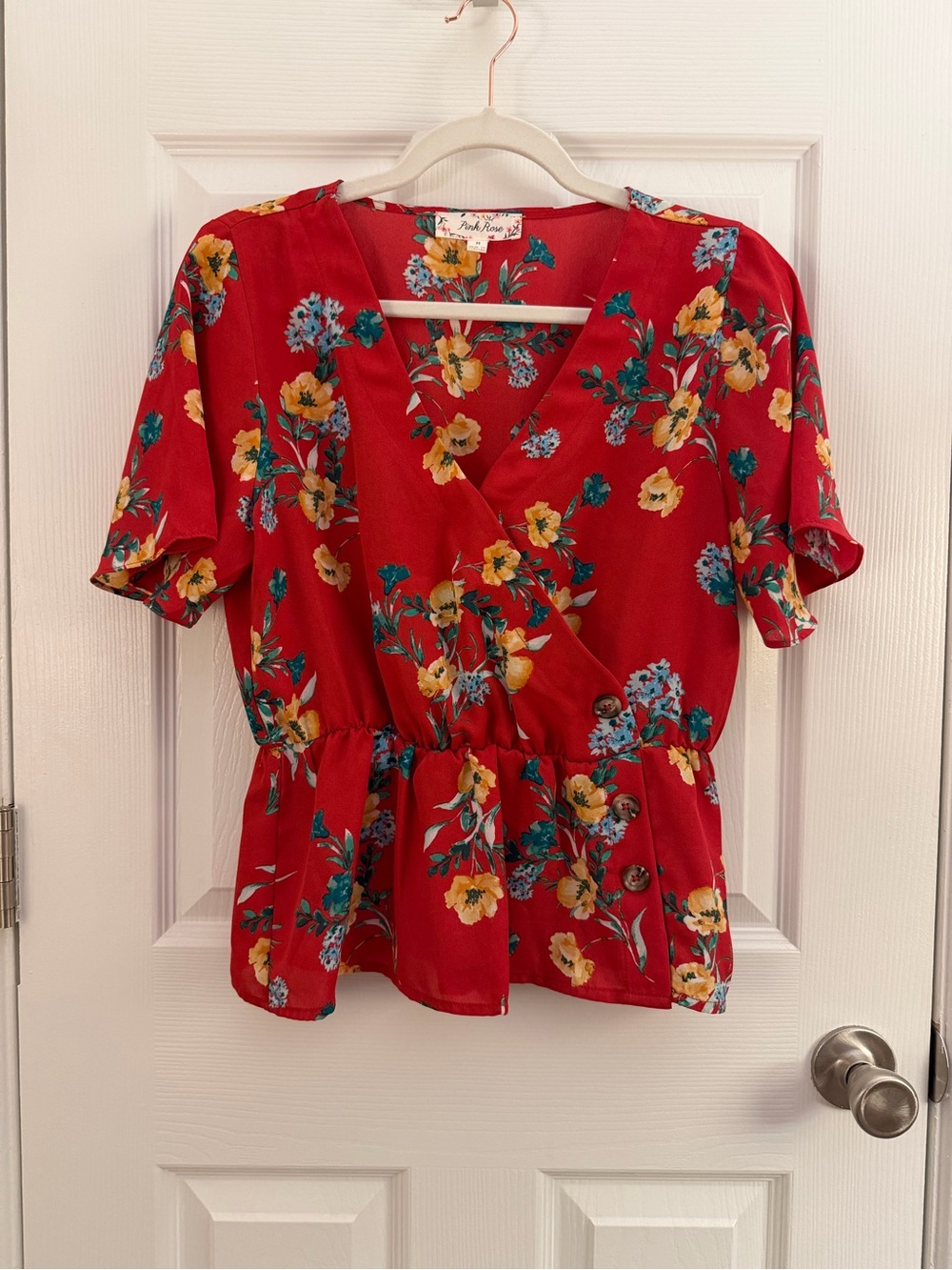 Pink Rose Red Floral V Neck Peplum Blouse Medium